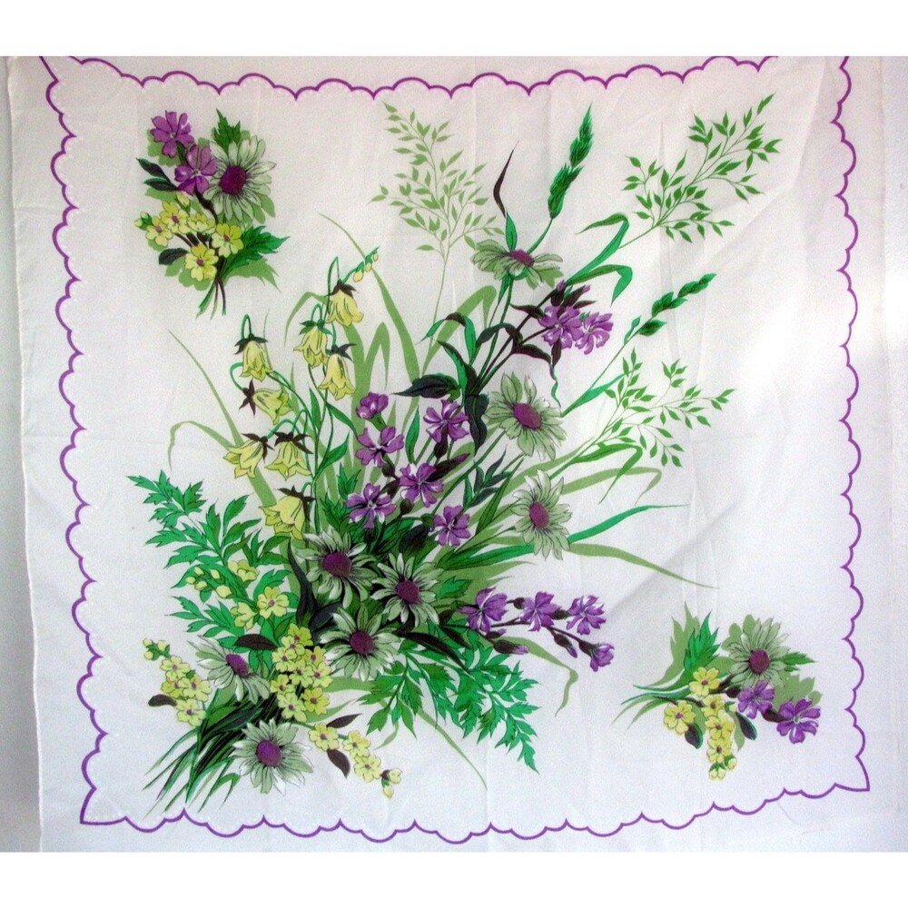 Vintage Scarf Lilac Flowers Rayon Large Square Hand Rolled Sapphire Crepe 32"